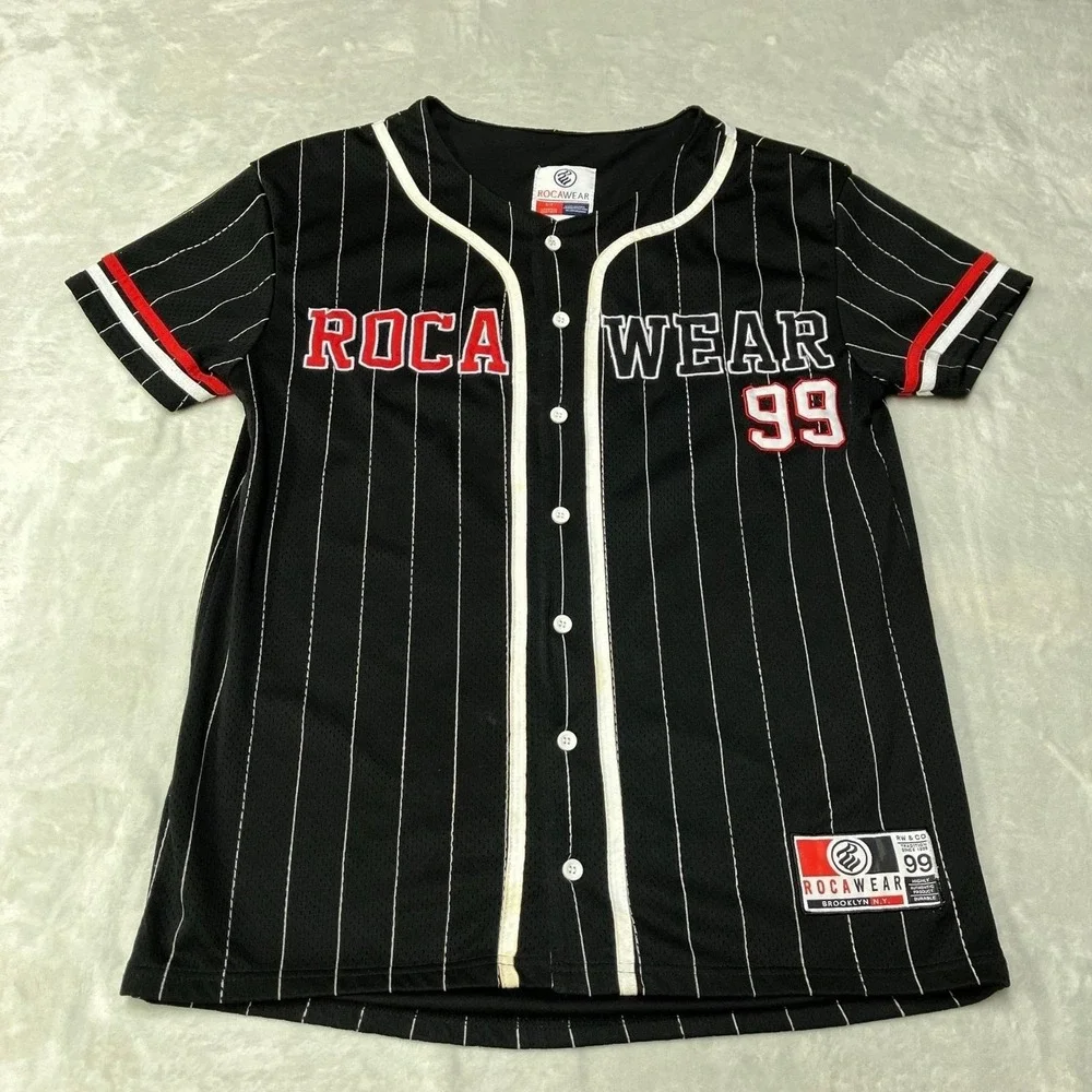 Vintage Rocawear 99 Baseball Jersey Pinstripe Black White Y2K Hiphop Mens Small